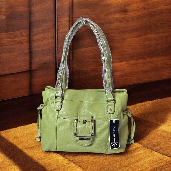 NWT ISAAC MIZRAHI GREEN FAUX LEATHER BUCKLE SATCHEL HANDBAG
